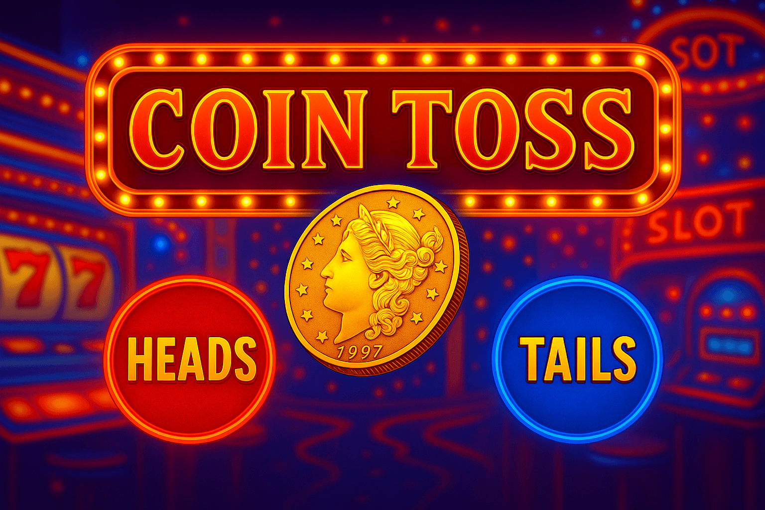 A golden coin with a classical female profile hovers between glowing “HEADS” and “TAILS” buttons under a marquee-style “COIN TOSS” sign, set against a neon-lit casino backdrop.