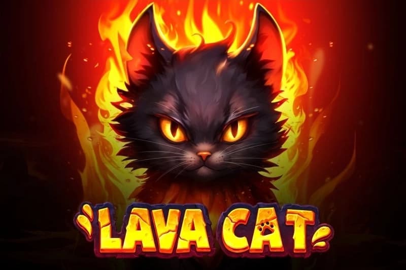 Black fiery cat with glowing orange eyes emerging from flames above the Lava Cat slot logo.