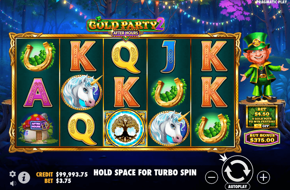 Five-slot reel game interface featuring symbols like unicorns, golden horseshoes, letters A to K, a tree emblem, and a leprechaun character to the right; game controls and bet information displayed at the bottom.
