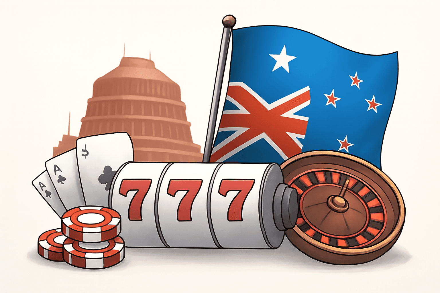Illustration of New Zealand casino elements, featuring the NZ flag, a slot machine showing 777, poker chips, playing cards, a roulette wheel, and the Beehive building in the background.