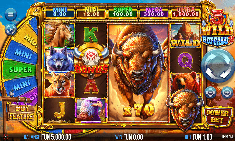 Game screen showing large buffalo symbol with ×70 multiplier dominating center reel, surrounded by animal symbols and card values, with five jackpot tiers displayed above.
