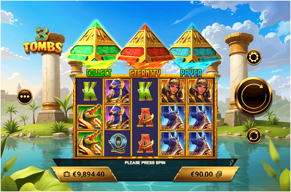 Slot game interface displaying five reels with Egyptian-themed symbols, including crocodiles, queens, and jackals, beneath labeled tomb pyramids.