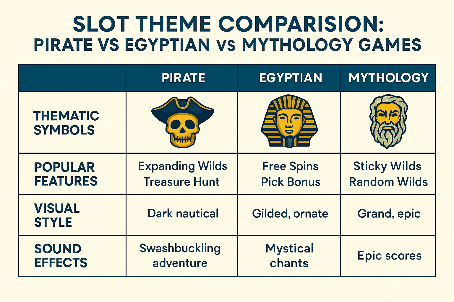 Comparison of Pirate, Egyptian, and Mythology slot themes by visuals, features, mechanics, symbols, and sounds.