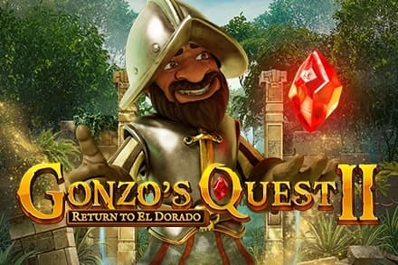 Gonzo's Quest II logo with conquistador Gonzo and glowing red gem in jungle ruins