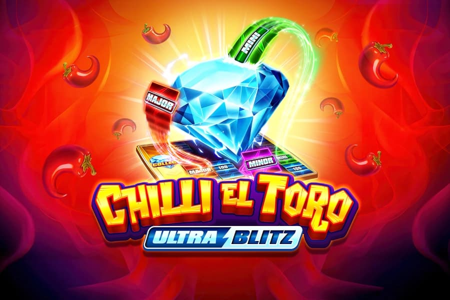 A large blue diamond radiates energy above a slot board with jackpot labels, surrounded by floating red chili peppers.