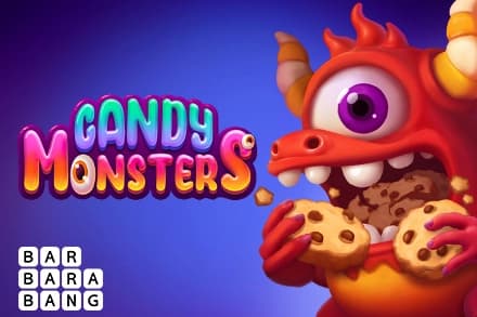 Candy Monsters slot artwork featuring a cute red one-eyed monster eating cookies, with the colorful Candy Monsters logo on a blue background.