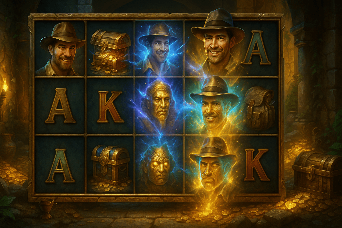 Adventure-themed slot machine with a 5x3 reel layout, featuring transforming symbols and mystical energy effects in an ancient treasure temple setting.
