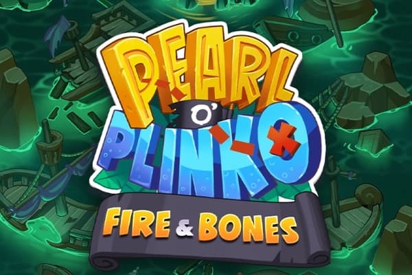 A cartoon-style pirate-themed game title, "Pearl o' Plinko: Fire & Bones," is set against a dark, glowing shipwreck-filled ocean.