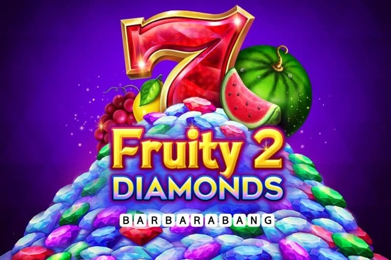Red lucky 7 with fruits above a pile of colorful diamonds in the Fruity Diamonds 2 slot logo.