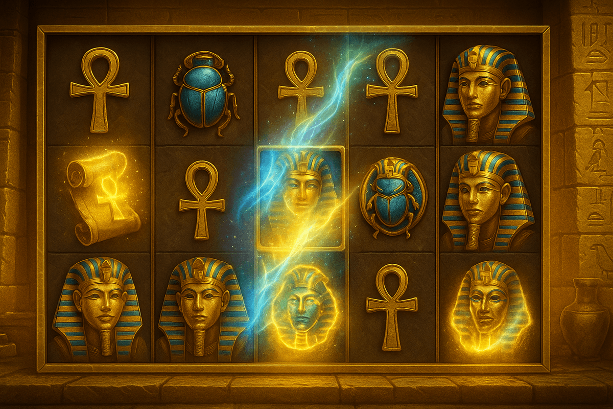 Ancient Egypt-themed slot machine showing transforming symbols on a 5x3 reel, with pharaoh masks, ankhs, scarabs, and magical energy effects in a golden temple setting.