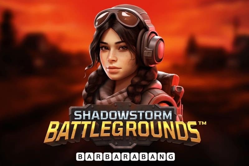 Illustration of a young woman with braided hair, goggles, and headphones in a warm red battlefield-themed background, used as key art for the Shadowstorm Battlegrounds slot.