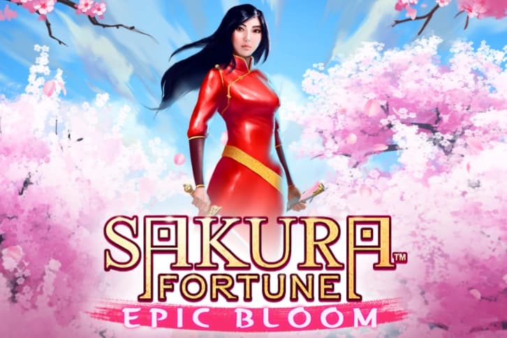 A poised woman in a red dress holding swords stands amid blooming cherry blossoms under a bright blue sky, with the title "Sakura Fortune: Epic Bloom" below.