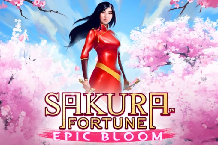 A poised woman in a red dress holding swords stands amid blooming cherry blossoms under a bright blue sky, with the title "Sakura Fortune: Epic Bloom" below.