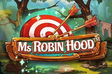 Ms Robin Hood slot game logo with archery target and arrow in forest setting