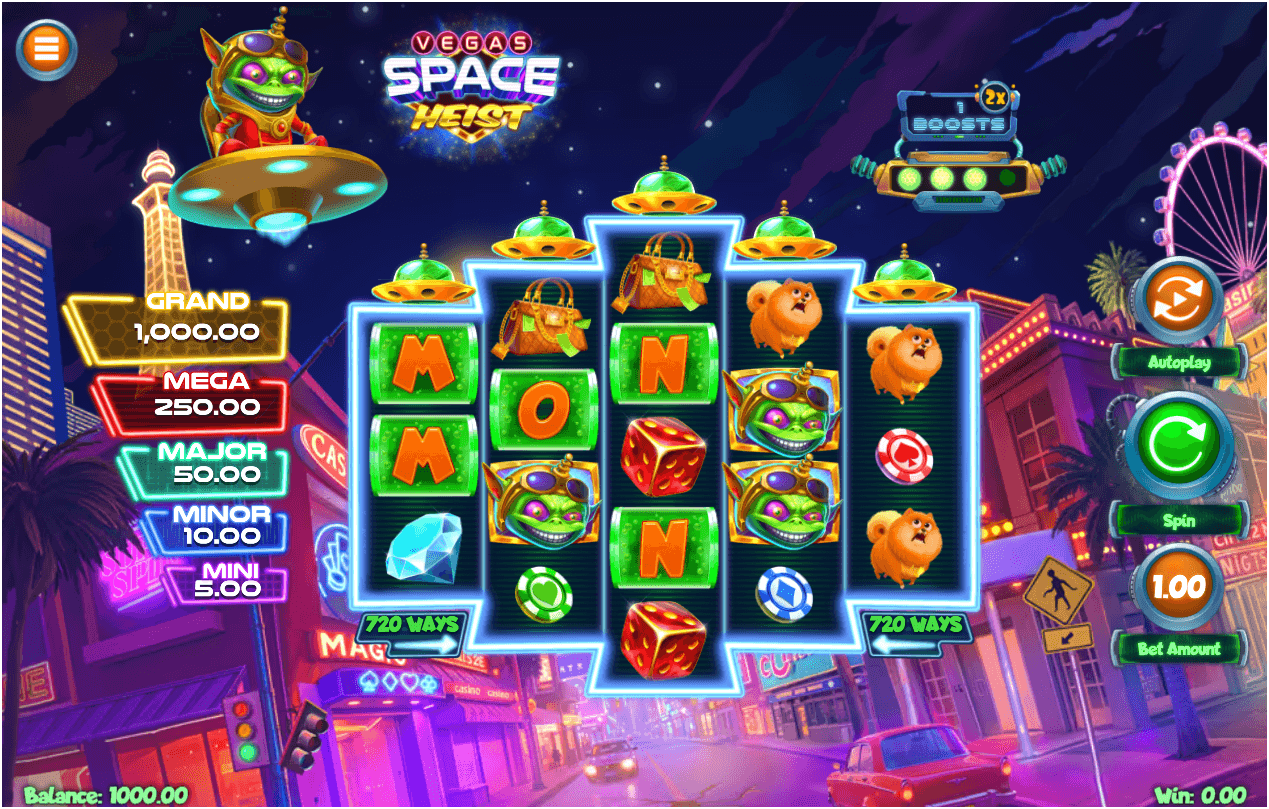 A five-reel slot interface with a 3-4-5-4-3 layout features symbols including aliens, dice, handbags, letters, and dogs, with jackpot tiers and control buttons displayed on the sides.