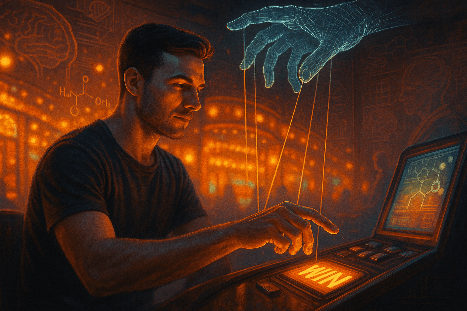 A man presses a glowing "WIN" button on a slot machine as a digital puppet hand manipulates his movements with strings.