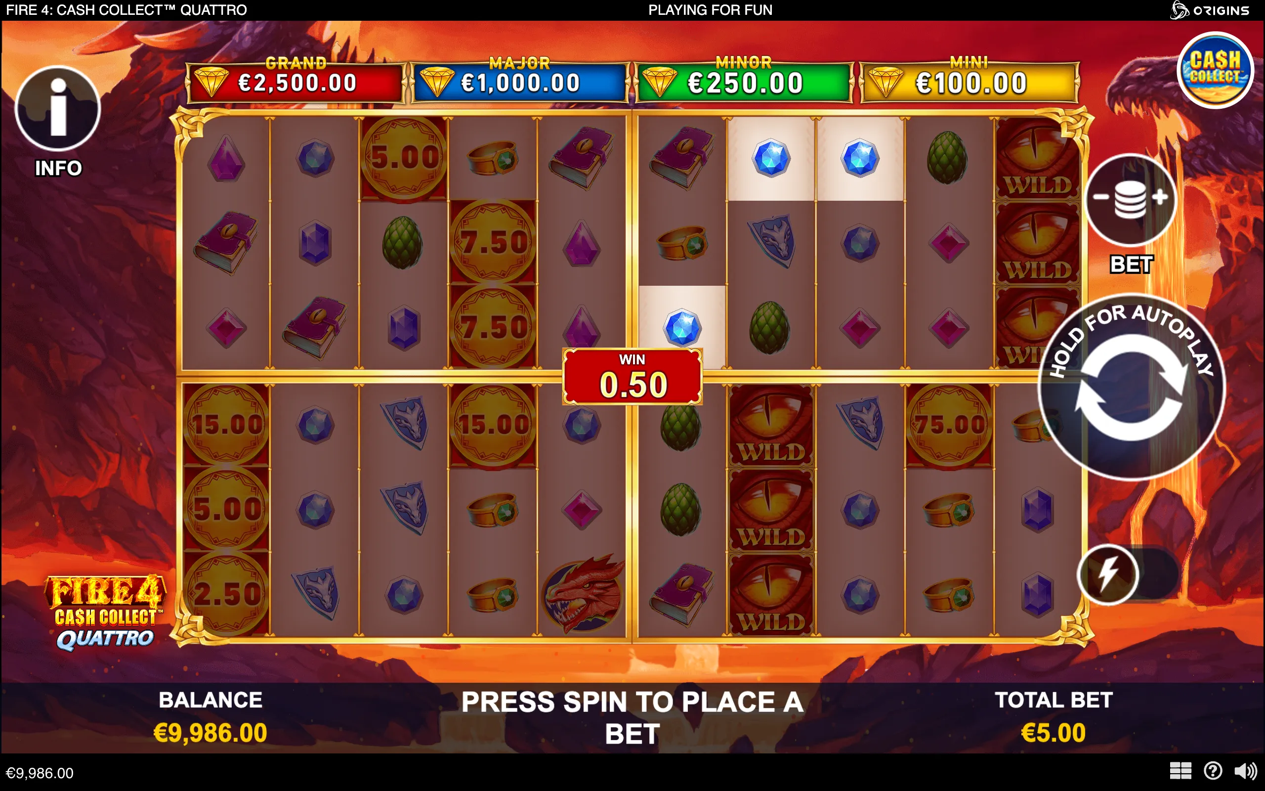 Fire 4: Cash Collect Quattro slot interface with dragon-themed reels, stacked Wild symbols, cash-value symbols, and Grand, Major, Minor, and Mini jackpot meters.