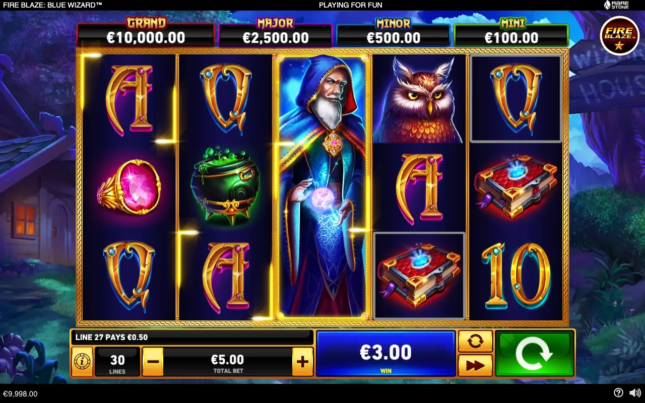 Spin 1 — This spin paid €3.00, with the game reporting that line 27 pays €0.50. Line wins must use the same symbol on adjacent reels from left to right, starting at the leftmost reel.