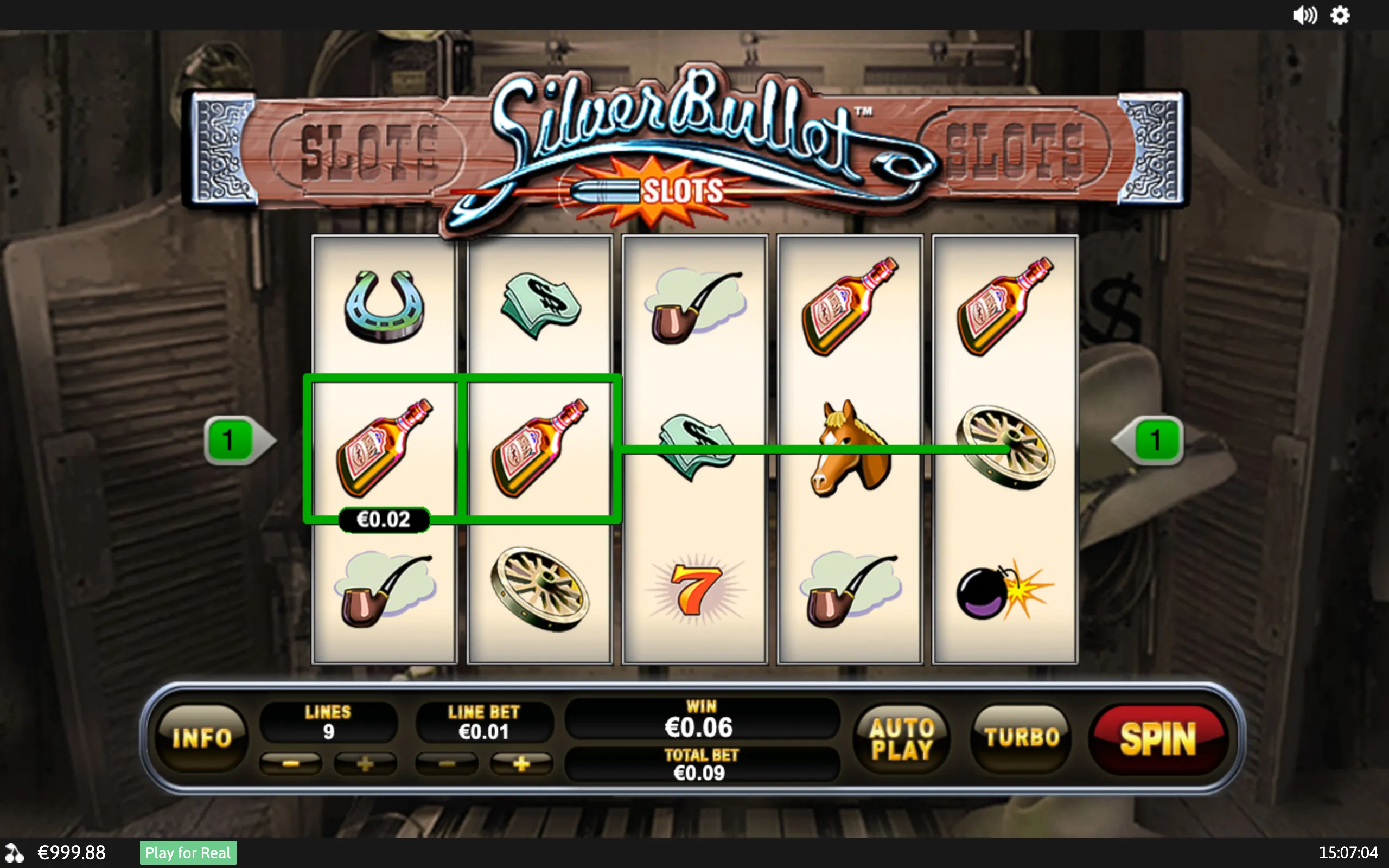 Silver Bullet slot game with five reels, cartoon Western symbols, a highlighted green payline, and a visible €0.06 win.