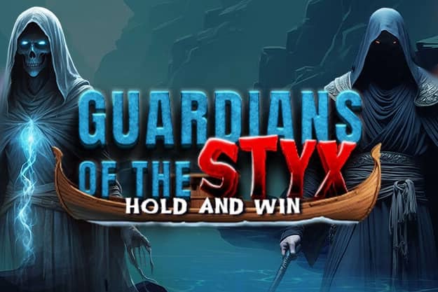 Title screen for Guardians of the Styx – Hold and Win, featuring two hooded reapers standing beside a stylized logo shaped like a wooden boat, set in a dark underworld landscape.