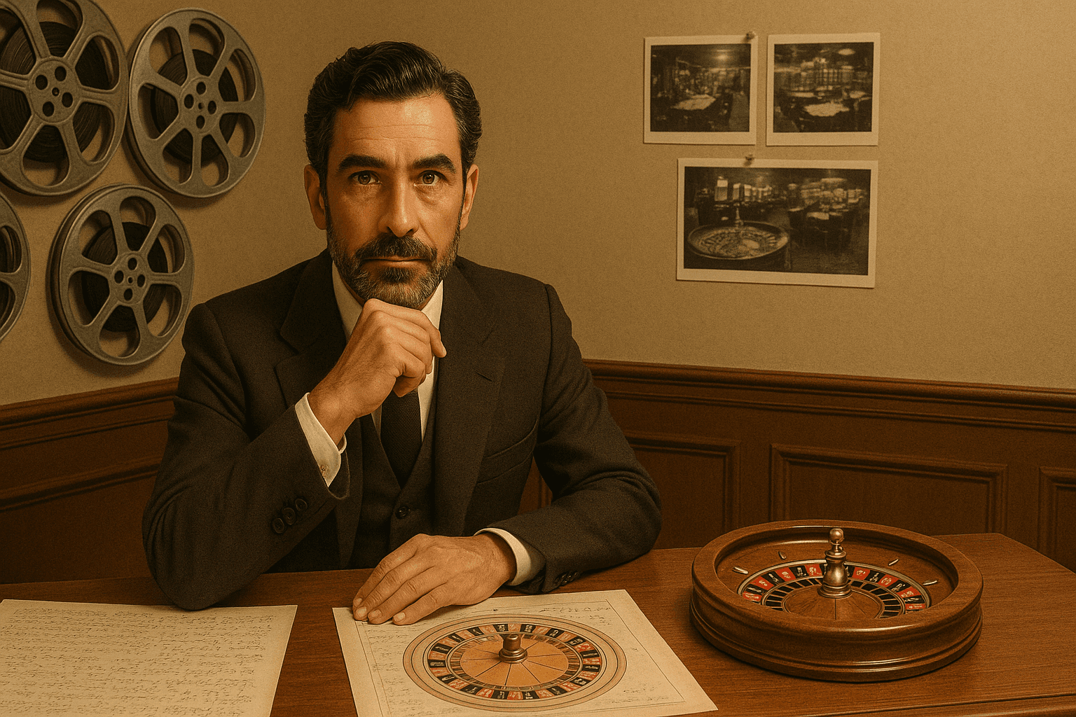 A cinematic portrait of Gonzalo Garcia-Pelayo at a mahogany desk with roulette blueprints, a roulette wheel, and vintage film reels behind him. Warm amber lighting highlights his intense gaze.