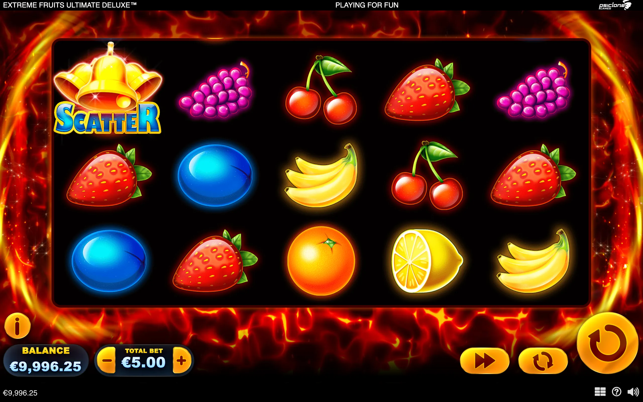 Extreme Fruits Ultimate Deluxe slot reels featuring cherries, strawberries, grapes, bananas, blueberries, oranges, lemons, and a bell SCATTER symbol against a fiery red backdrop.