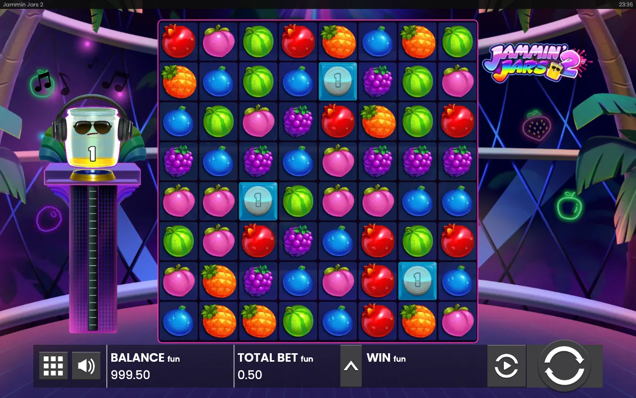 Spin 1 — No win or feature is shown, so this spin paid nothing. An Instant Prize Symbol pays when it lands in a cluster of 5 or more, with the total number of those symbols evaluated and paid.