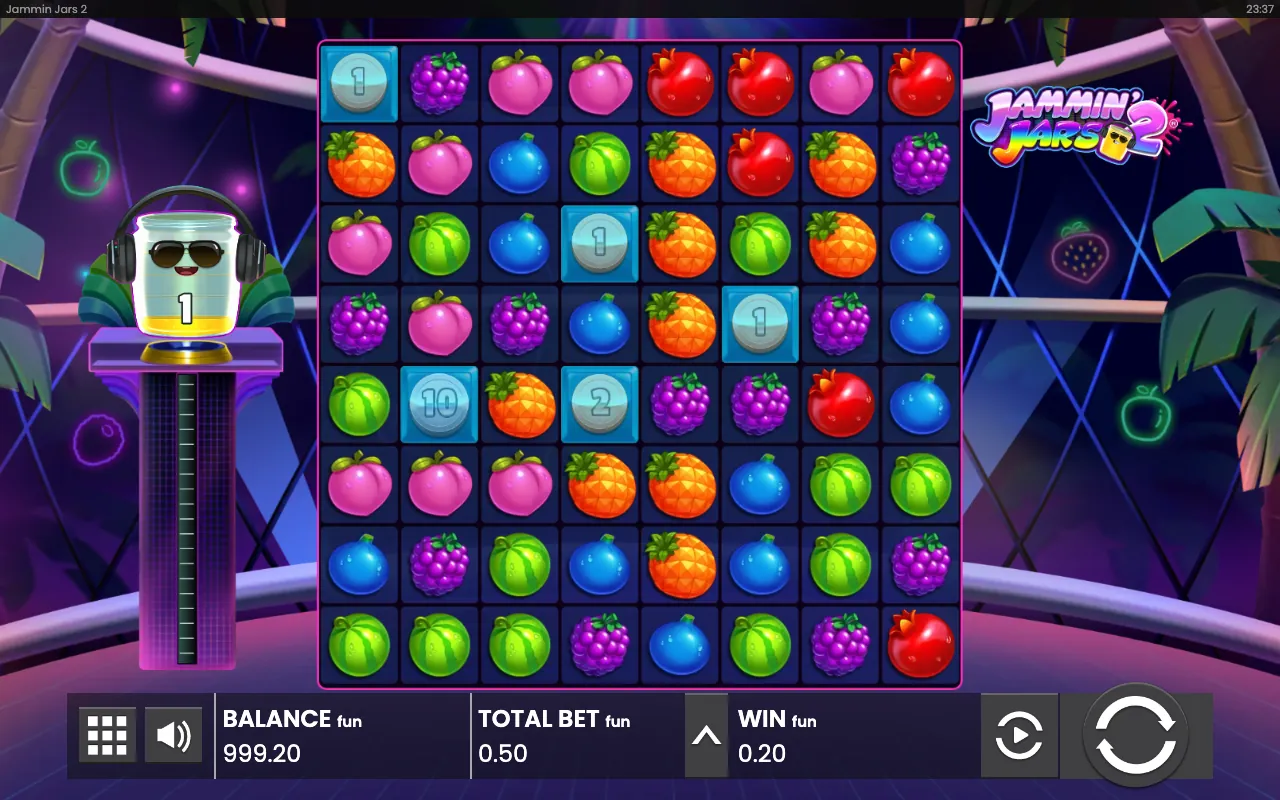 Spin 2 — The game shows WIN fun 0.20, so this spin paid 0.20. Wins are made by 5 or more matching symbols in a cluster.
