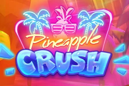 A neon-style game title "Pineapple Crush" is displayed with glowing palm trees, a pineapple wearing sunglasses, and vibrant tropical colors.