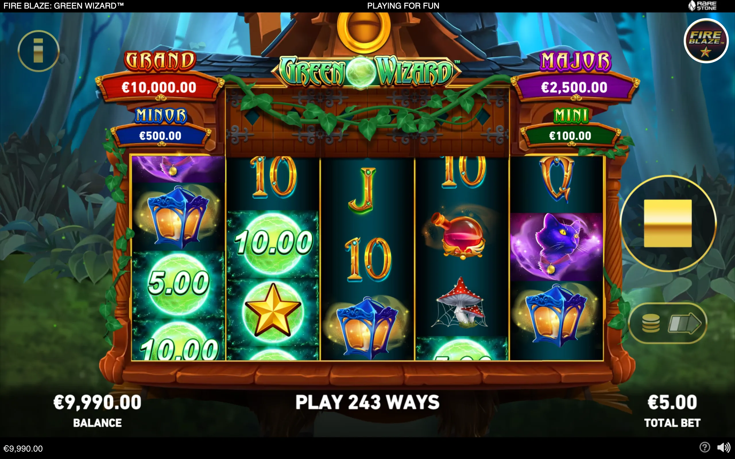 Green Wizard slot interface with five reels, glowing magic orbs, lanterns, potion bottles, mushrooms, a purple cat, and Grand, Major, Minor, and Mini jackpot values.