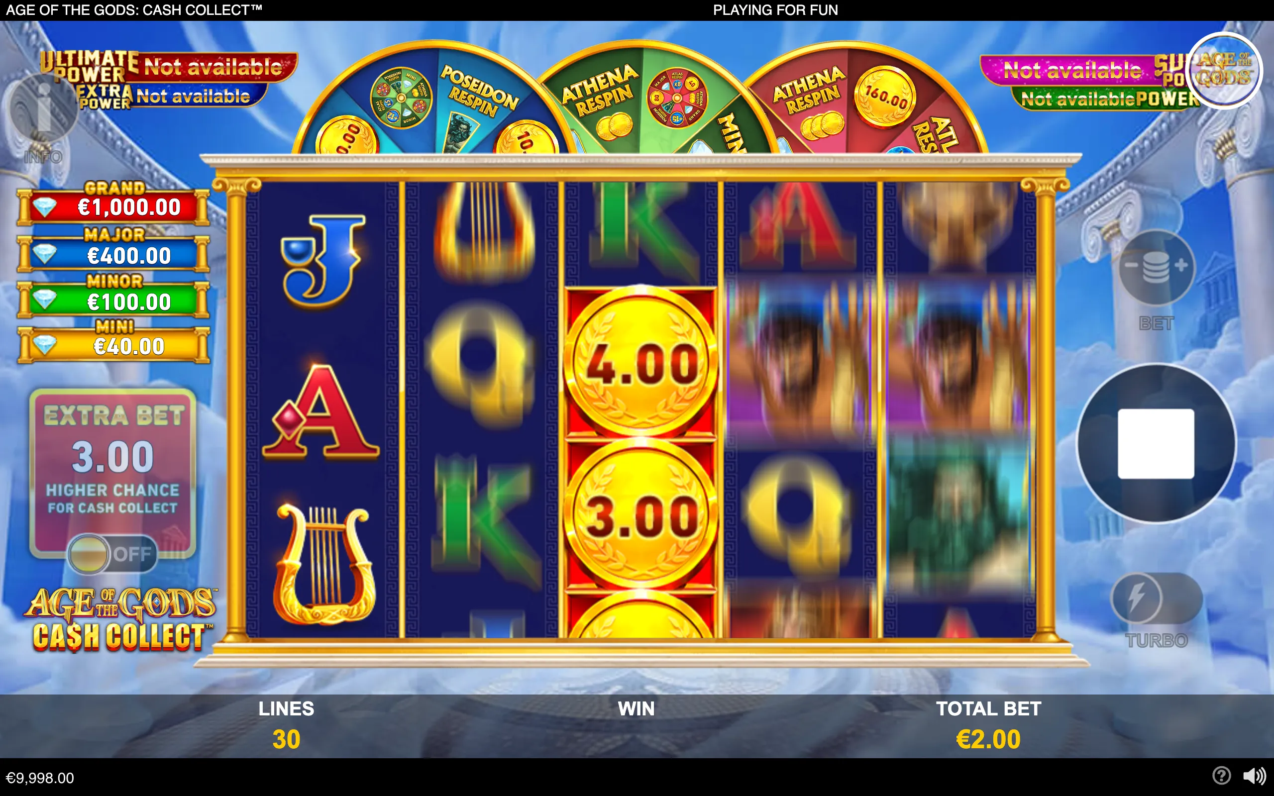 Age of the Gods Cash Collect slot interface with gold cash coins, spinning reels, jackpot tiers, Greek columns, and a cloudy Mount Olympus backdrop.