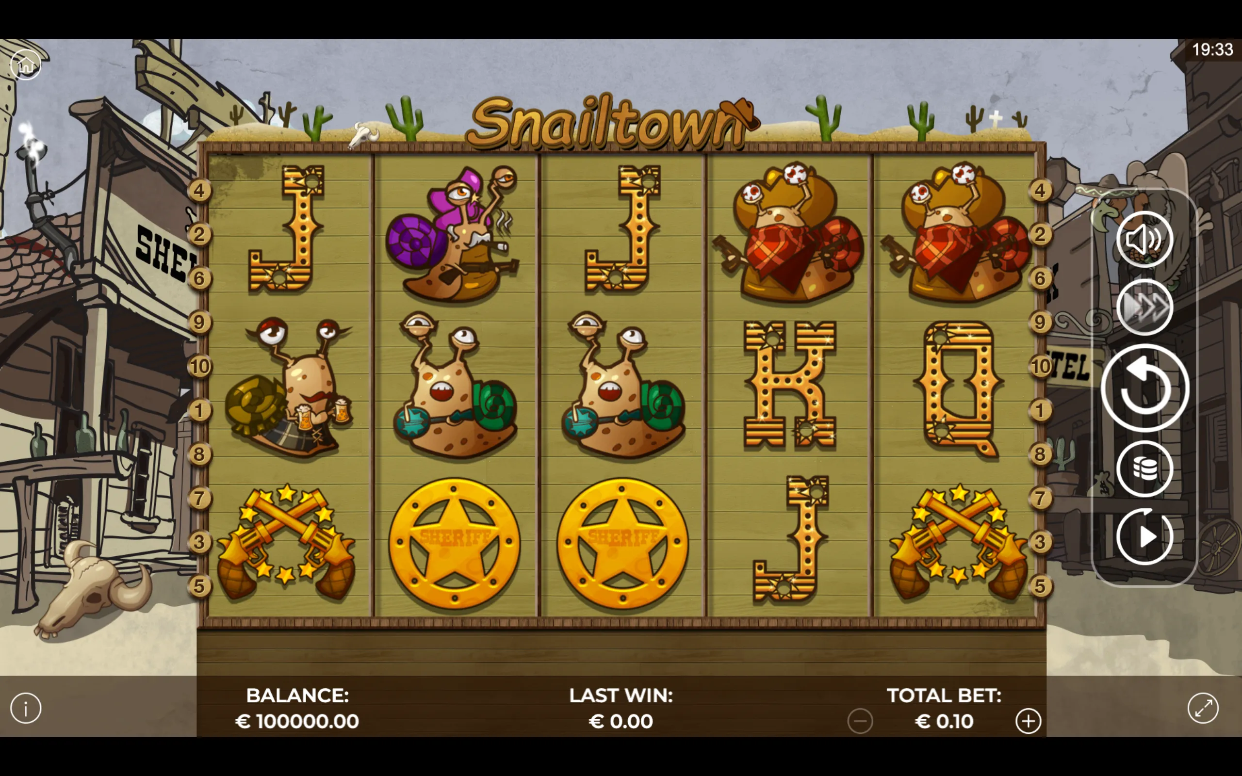 Snailtown slot game with cartoon snails dressed as cowboys and sheriffs on a wooden reel set in a desert town