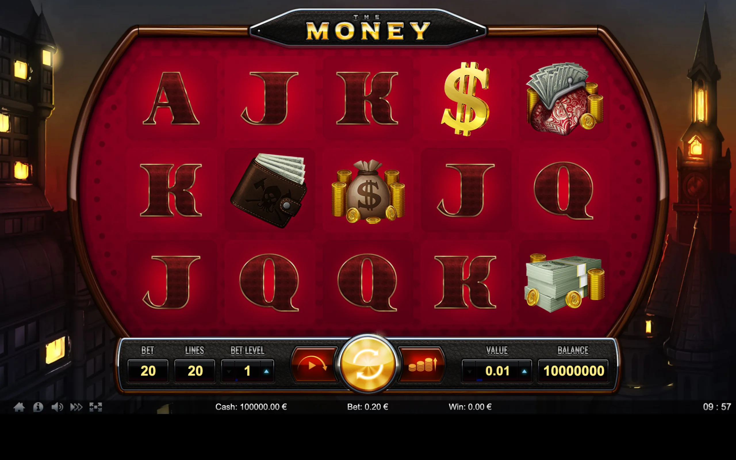Slot game reels with symbols of money, coins, wallets, and classic card letters on a red background with a dark cityscape at dusk.
