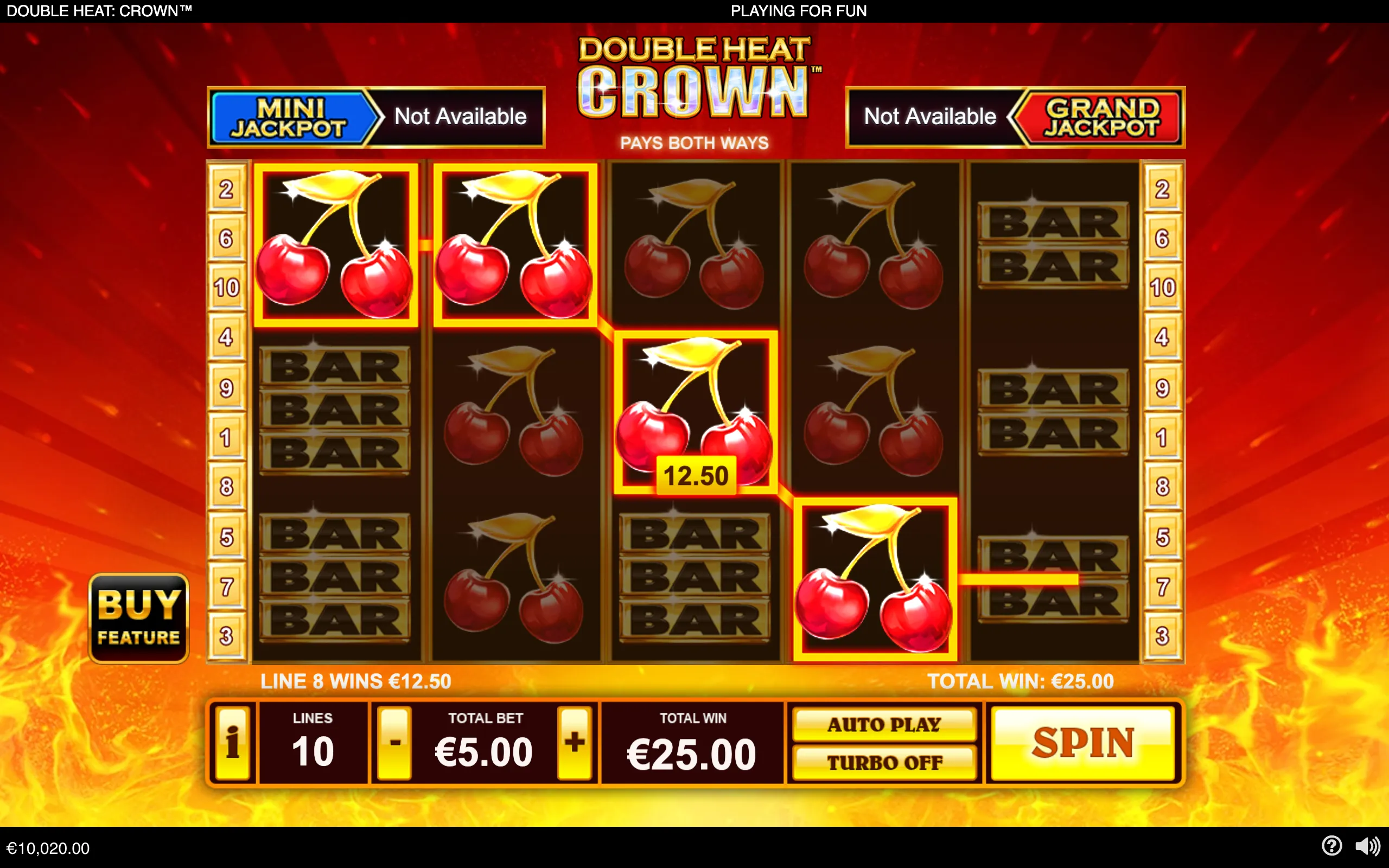 Double Heat: Crown slot interface with glowing cherry symbols, BAR icons, jackpot labels, and fiery red-orange styling. The reels display a €12.50 line win and €25.00 total win.
