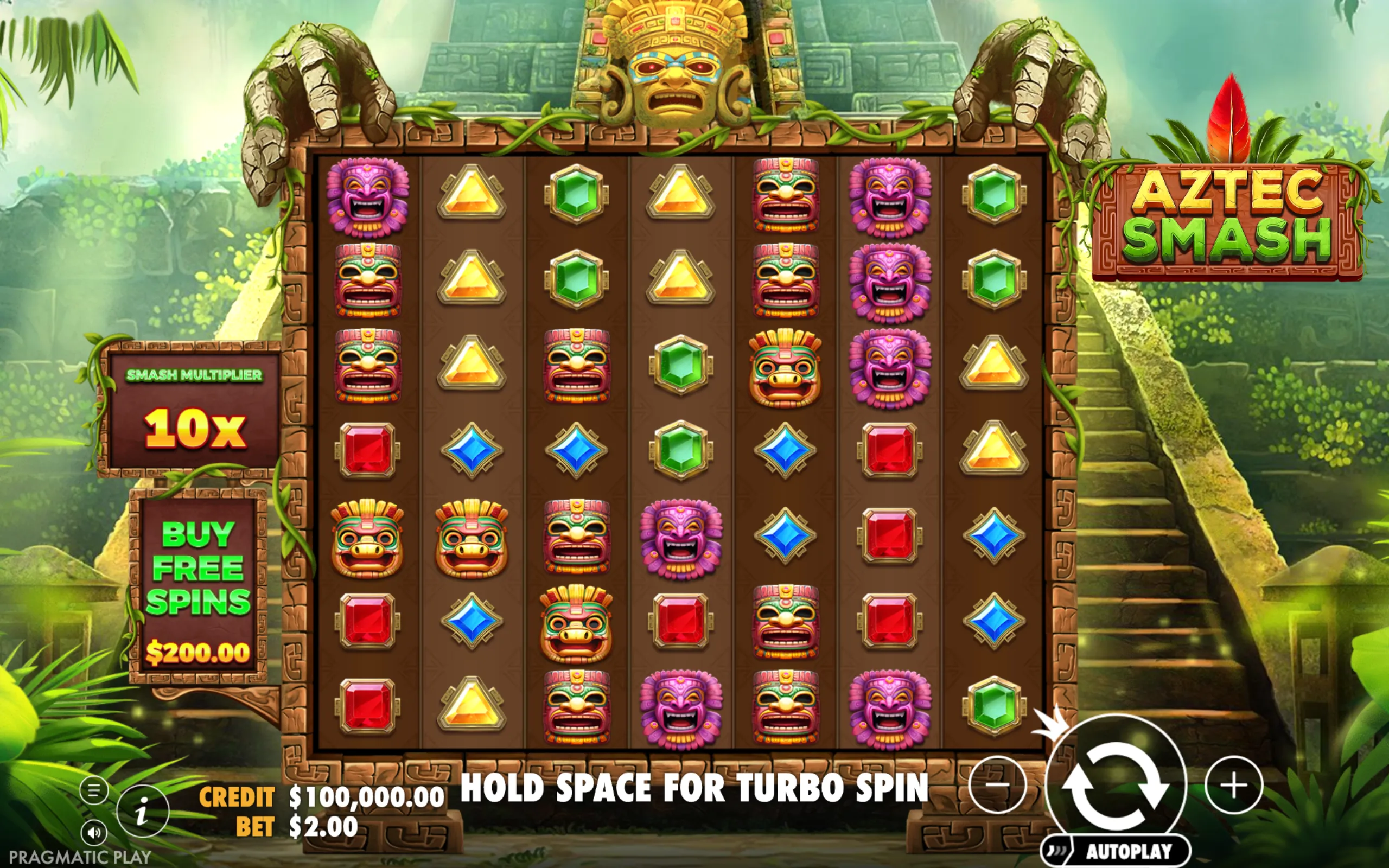 Aztec Smash slot game interface featuring colorful Aztec mask symbols, gems, and a stone temple backdrop with jungle foliage.