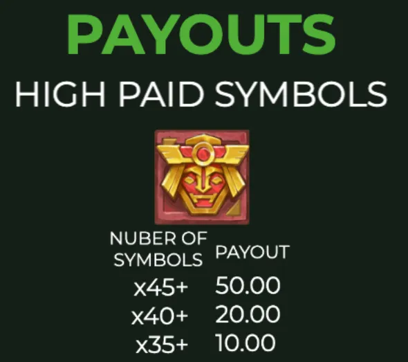 Aztec Artefacts 10000 slot game payout table showing high-value golden Aztec mask symbol with payout tiers for 35, 40, and 45+ symbols.