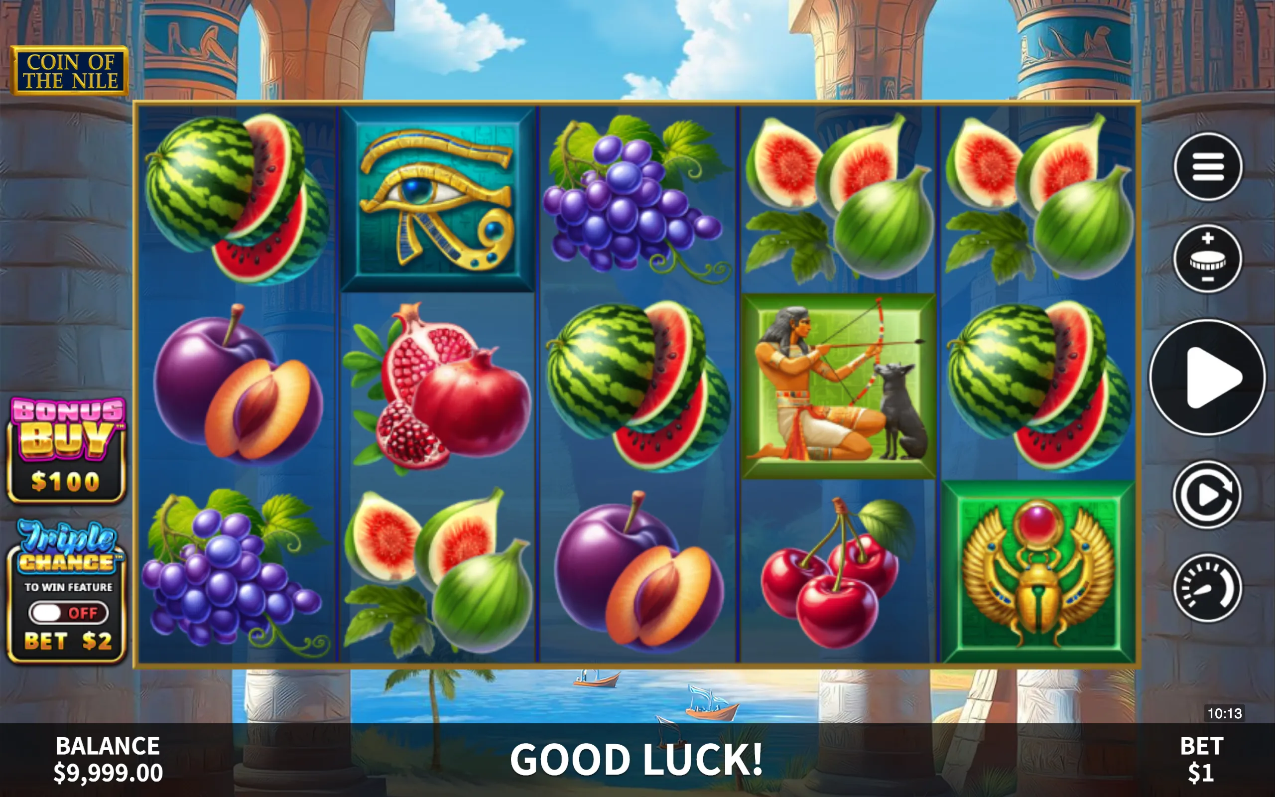 Slot game reels featuring colorful fruit symbols, Egyptian-themed icons like the Eye of Horus and a scarab, and a character with a bow, set against a Nile river backdrop with ancient pillars.