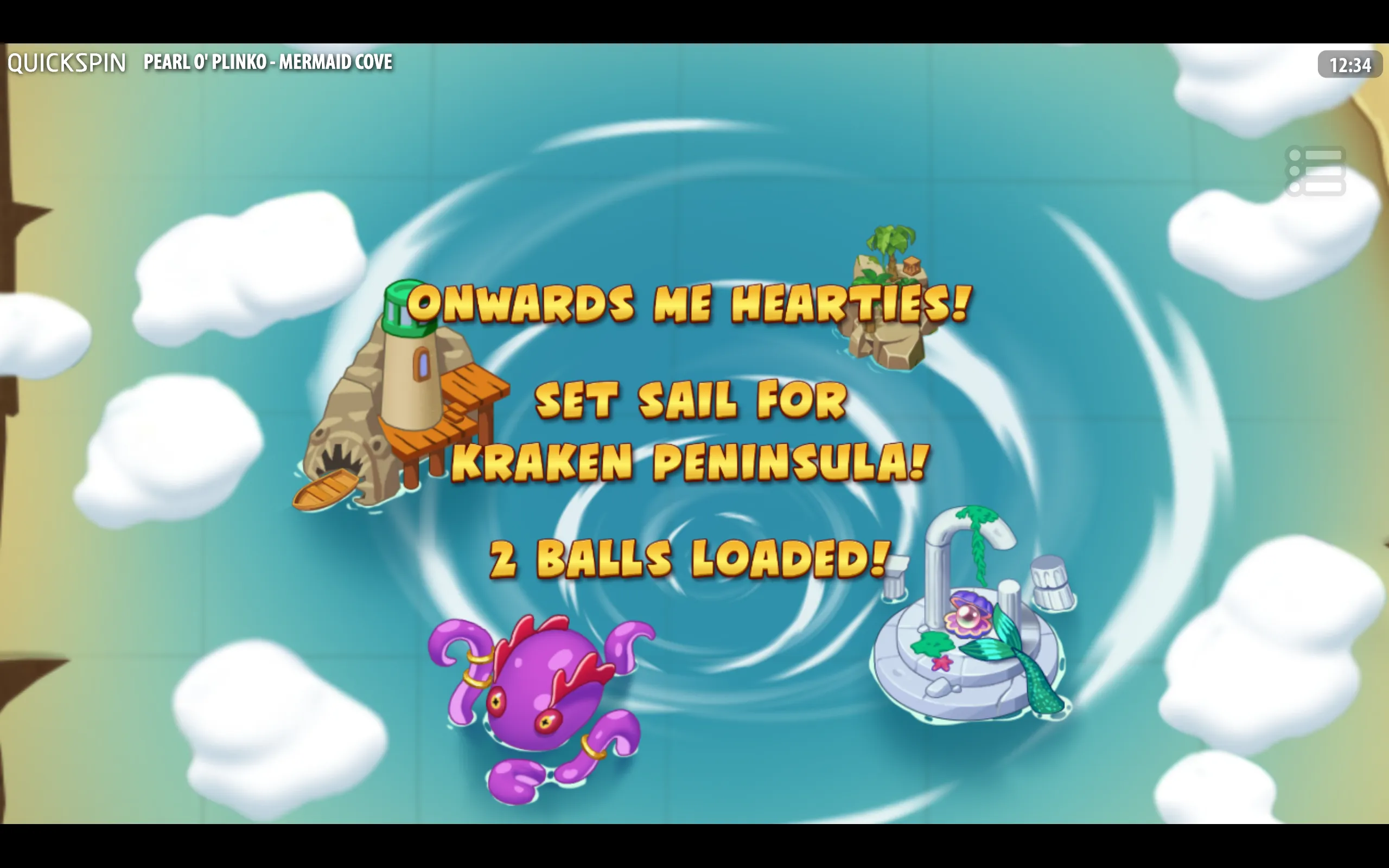 Cartoon mermaid-cove artwork for Pearl O' Plinko, featuring a swirling turquoise whirlpool, rocky islands, a lighthouse, a purple octopus, and a mermaid beside the text “2 Balls Loaded!”
