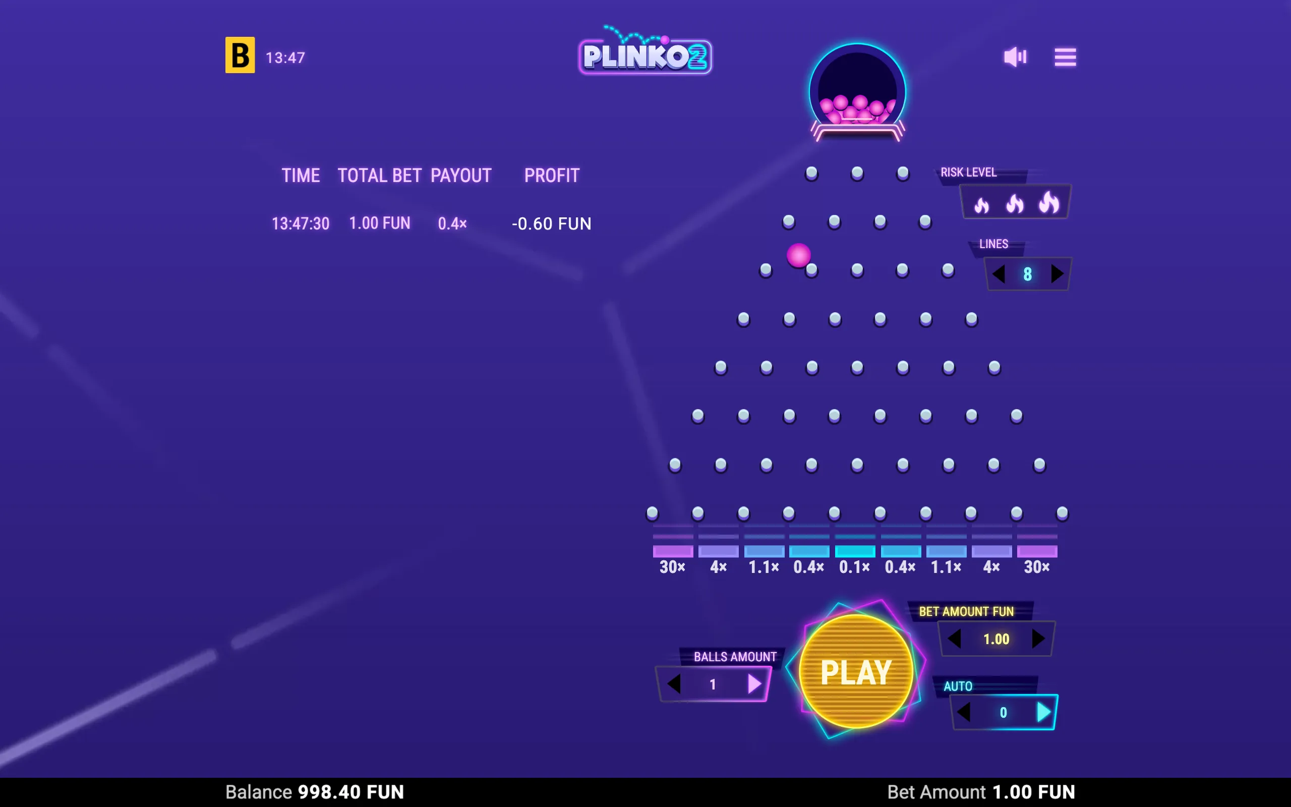 Neon purple Plinko 2 game interface with a pink ball descending through a pegboard, colorful payout slots, risk controls, and a large play button.