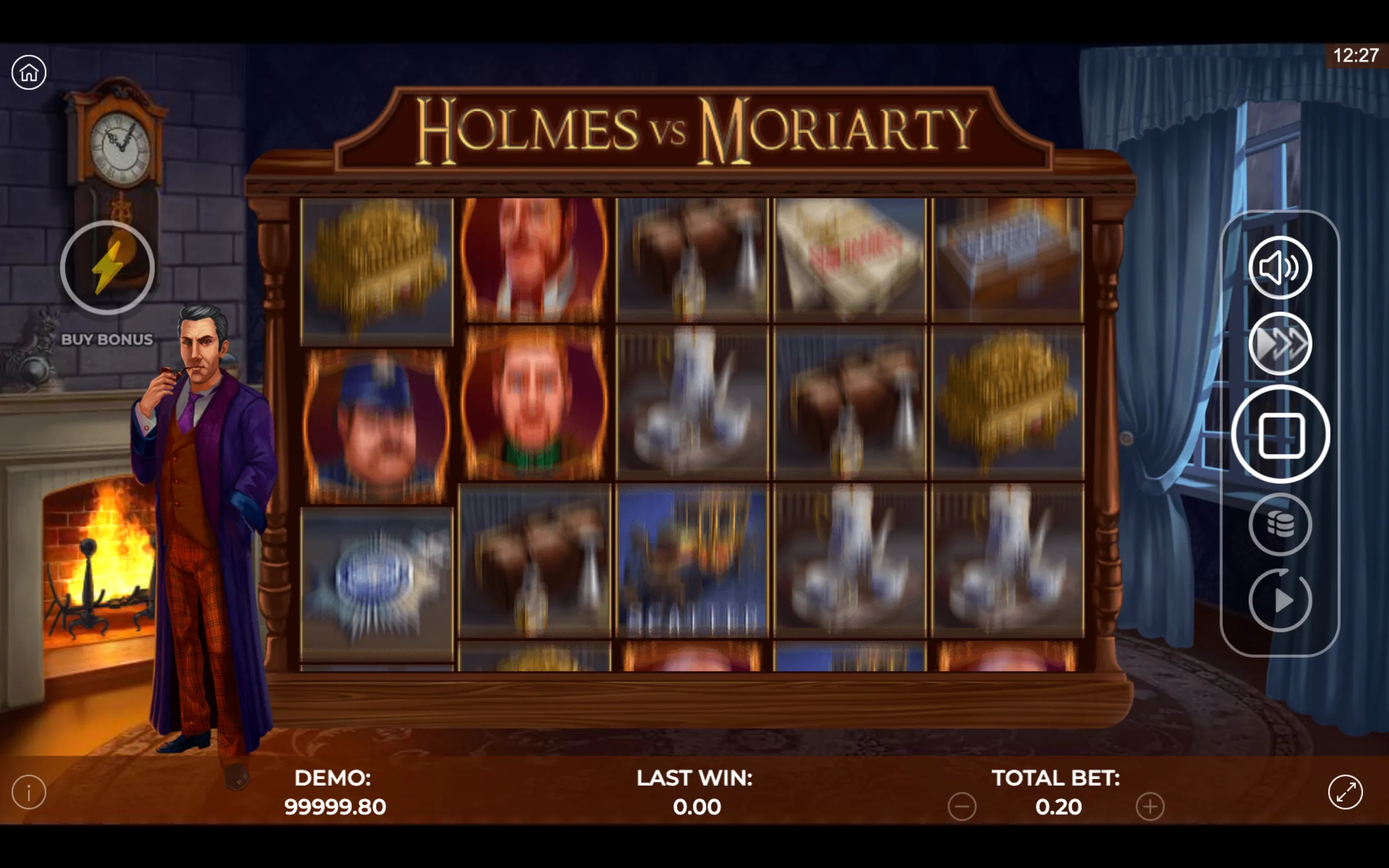 Holmes vs Moriarty slot game with Victorian-era symbols and characters set in a cozy room with a fireplace and window.