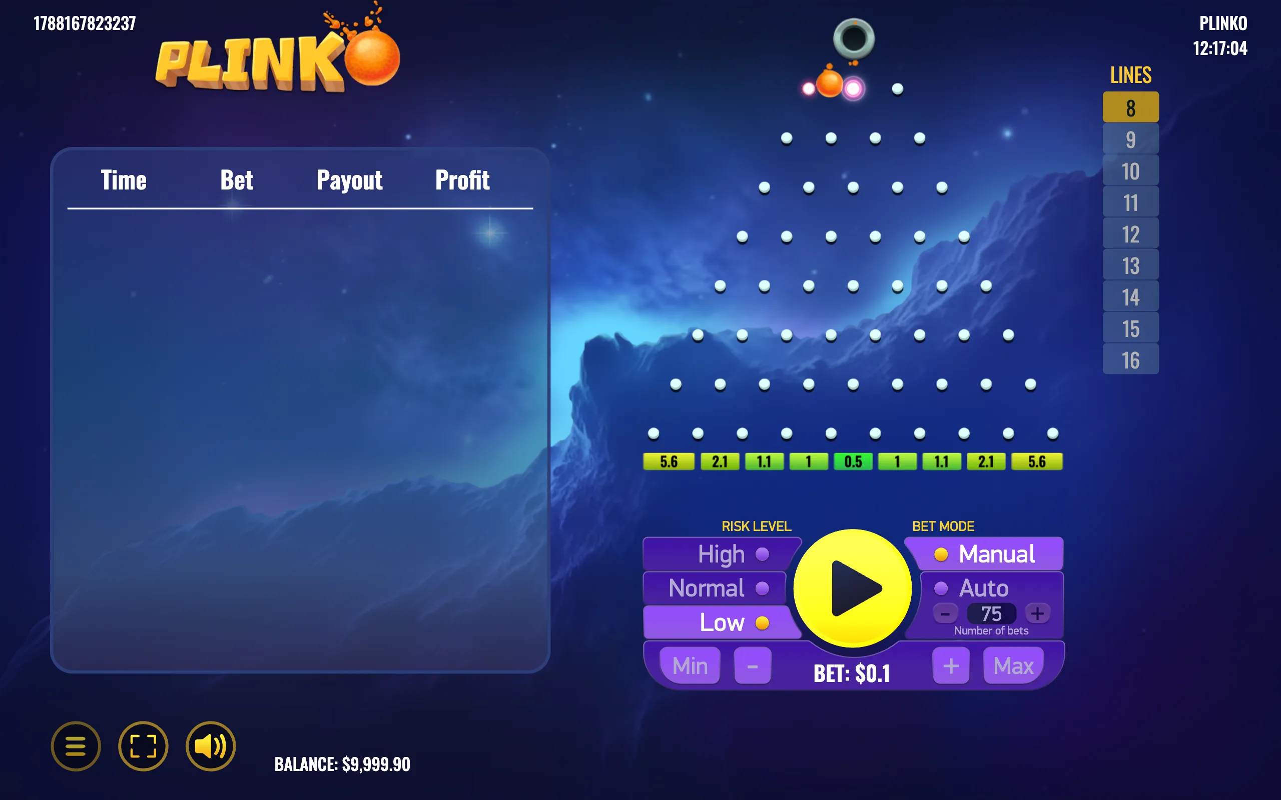 Plinko game interface with a glowing peg board, falling orange ball, mountain backdrop, multiplier slots, risk controls, and manual or auto betting options.
