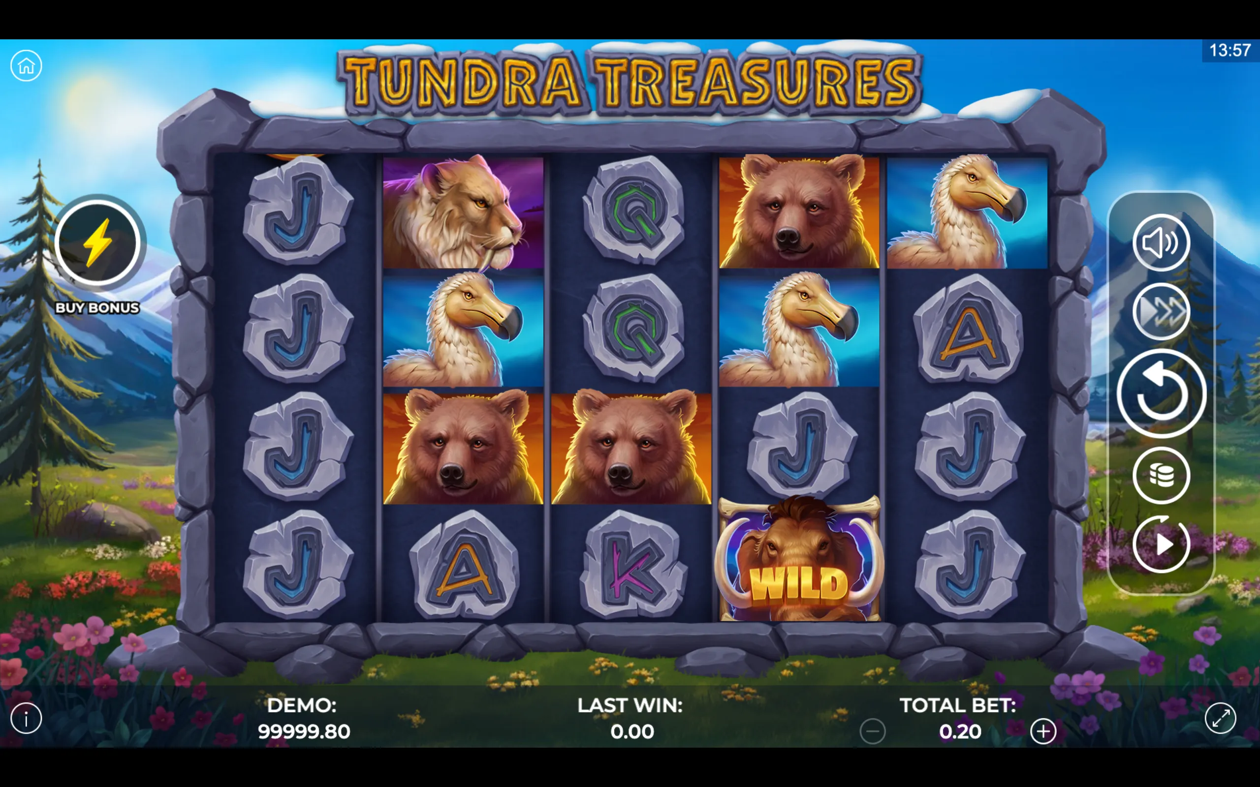 Slot game Tundra Treasures features animal symbols like bears, lions, dodos, and a wild mammoth on stone-carved reels with a scenic tundra landscape backdrop.