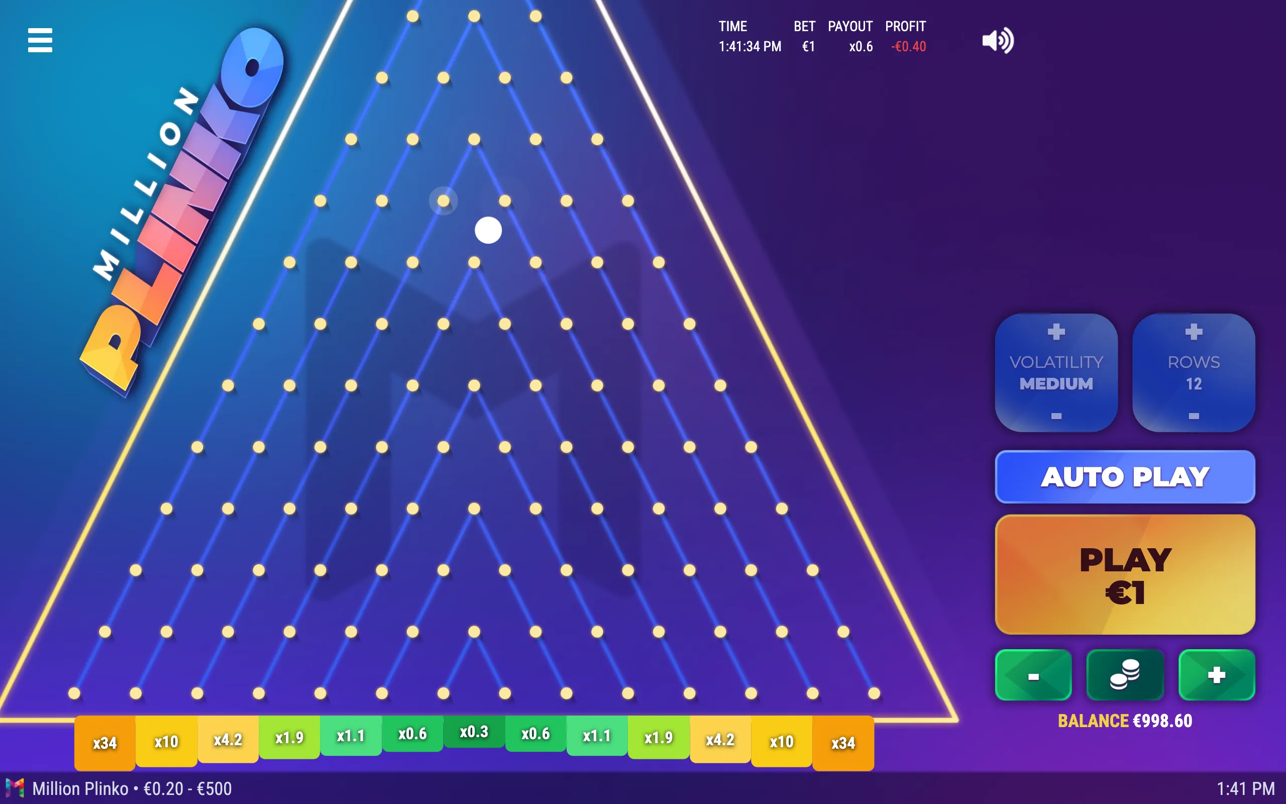 Million Plinko game interface with a white ball dropping through a triangular field of glowing yellow pegs, surrounded by blue and purple tones and multiplier lanes from x0.3 to x34.