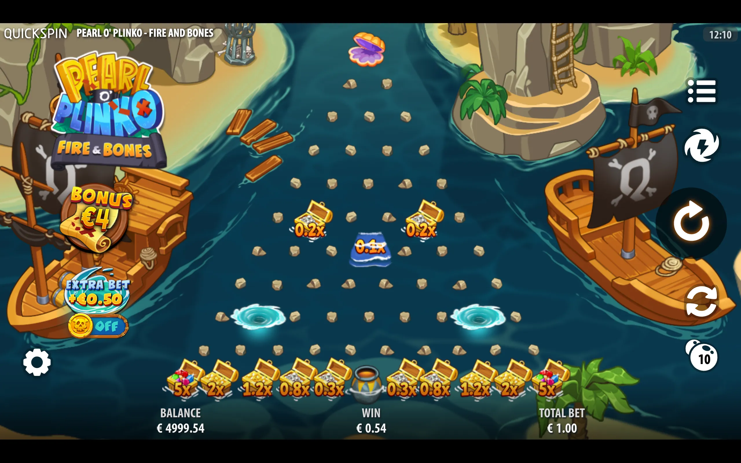 Colorful pirate-themed Plinko slot interface with treasure chests, skull flags, boats, tropical islands, whirlpools, and multiplier pockets ranging from 0.3x to 5x.