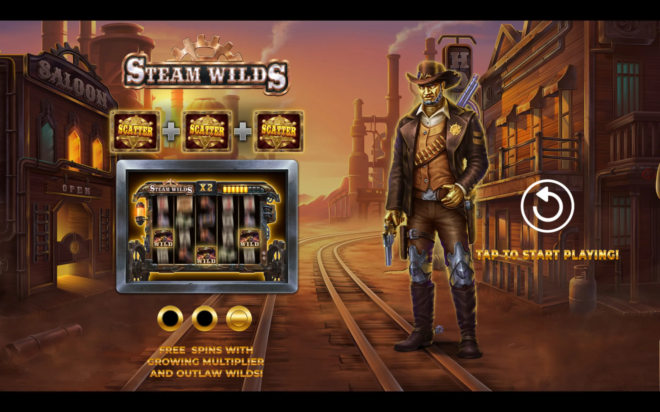 Steampunk Wild West slot game featuring a mechanical sheriff character, industrial background with smokestacks, and a saloon, highlighting scatter and wild symbols with free spins and multipliers.
