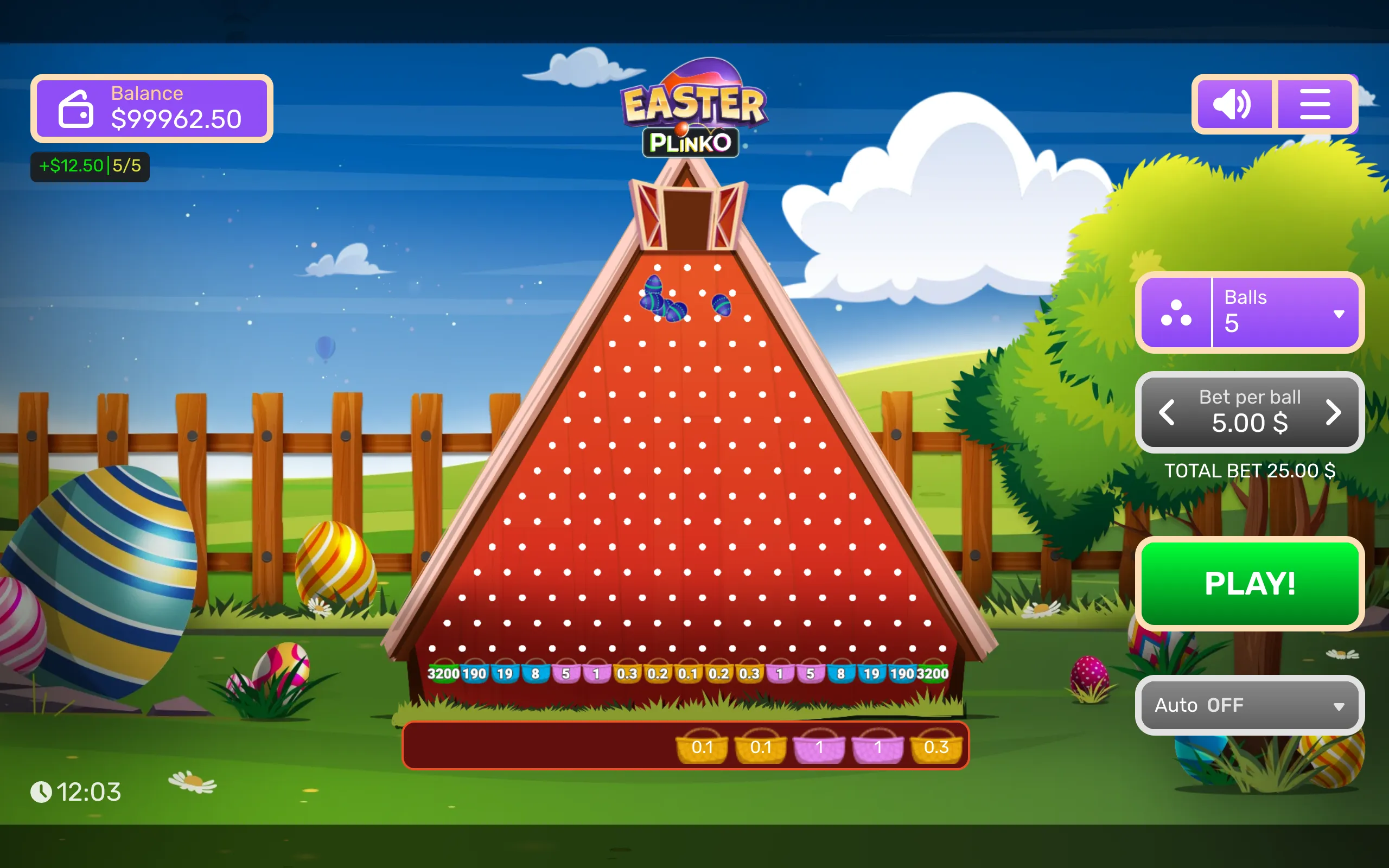 Colorful Easter Plinko game with decorated eggs falling through a triangular peg board, payout multipliers, spring scenery, and a large green play button.