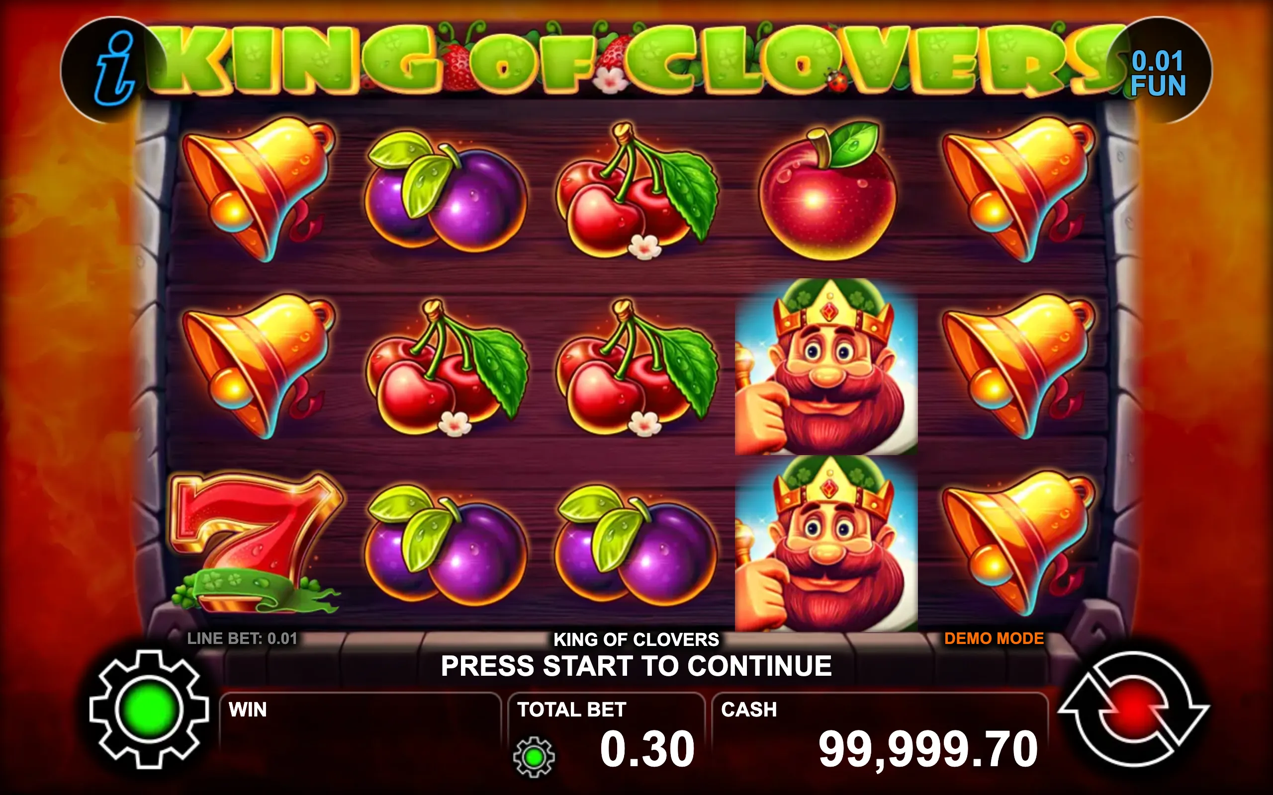 Colorful slot game screen featuring fruit symbols, golden bells, and a cheerful king character with a clover theme.