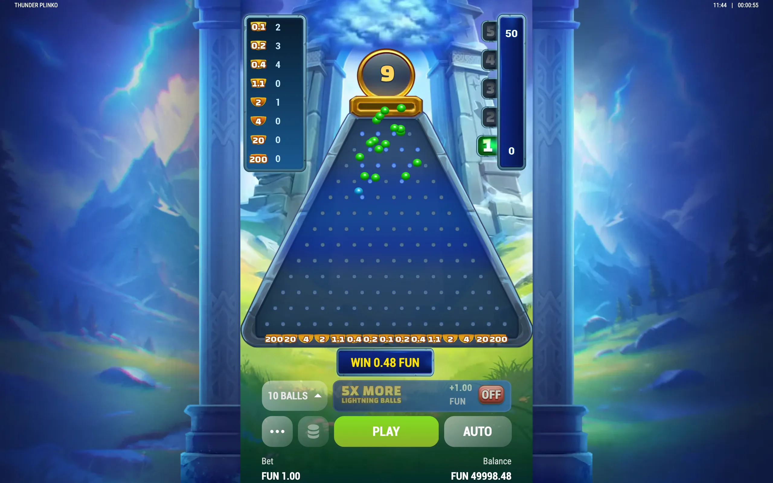 Thunder Plinko game interface with green balls dropping through a glowing peg board beneath a stormy blue temple backdrop, surrounded by multiplier values and lightning effects.