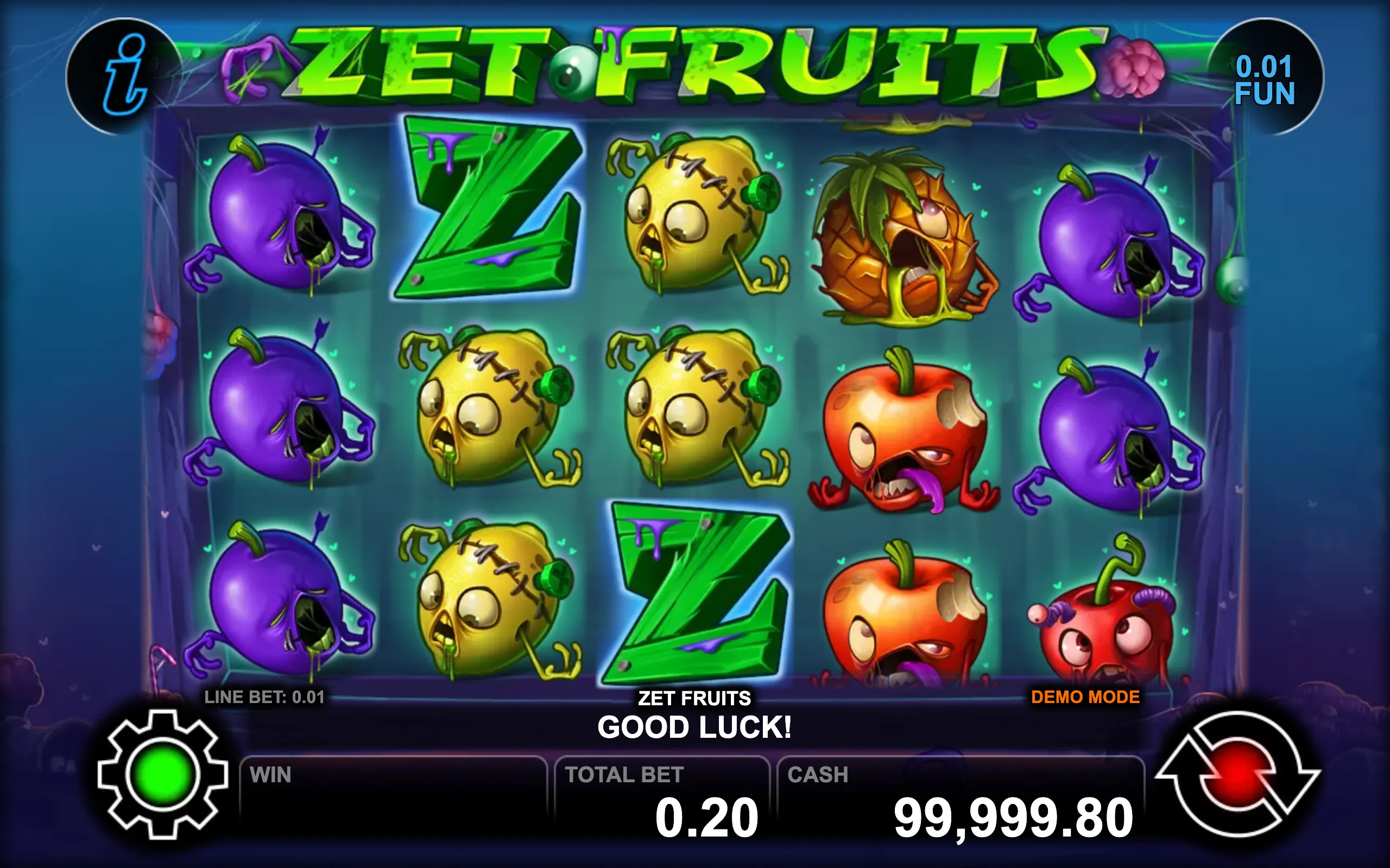 Zet Fruits slot game preview featuring zombified fruit characters in a spooky, cartoon style