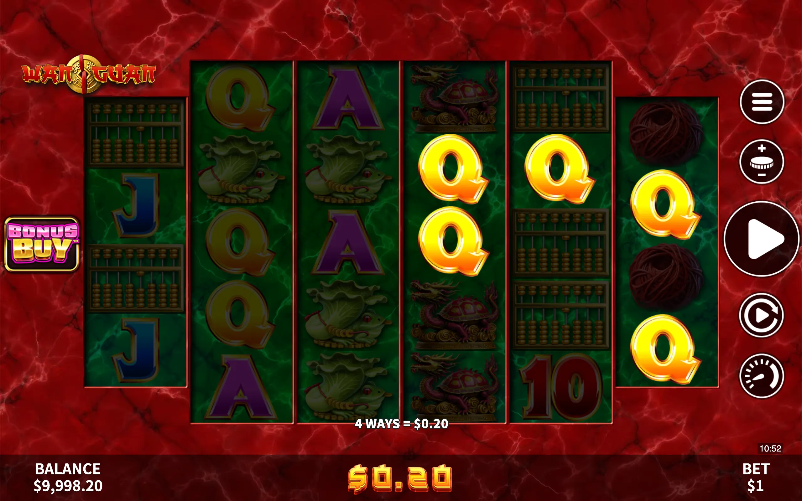 Wan Guan slot game with traditional Chinese symbols like abacus, dragon-turtle, and frog, set against a red marble background with a Bonus Buy feature button.